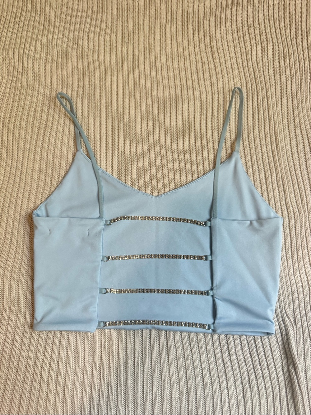 Forever 21 Light Blue Rhinestone-Strip Front Spaghetti Strap Crop Top